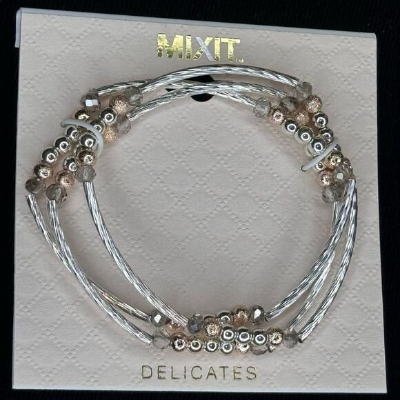 MIXIT Delicates Set of 3 Silver Gold and Rose Gold Beaded Stretch Bracelet - Picture 2 of 4